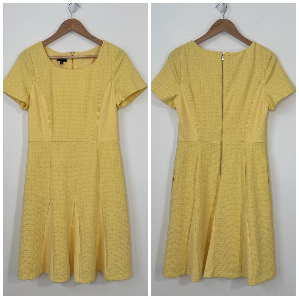 NWT Talbots Knit Fit & Flare Dress Size 10 Yellow Basket Weave Lined Pockets